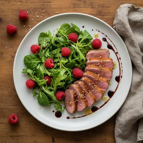 Tataki de canard aux framboises et mesclun