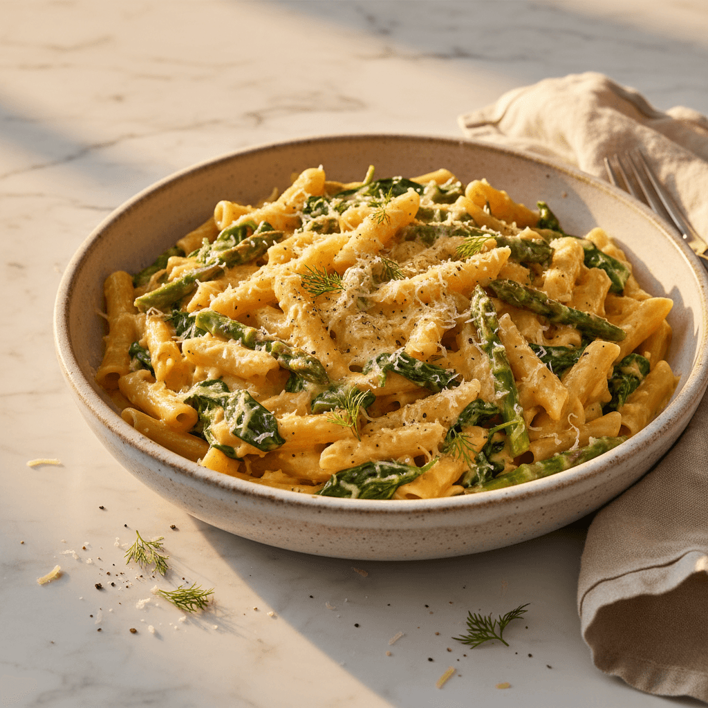 Pâtes à la crème asperges, épinards et fromage