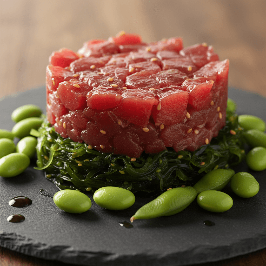 Tartare de thon à la japonaise, édamames et wakamé