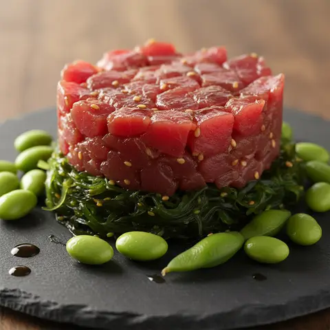 Tartare de thon à la japonaise, édamames et wakamé