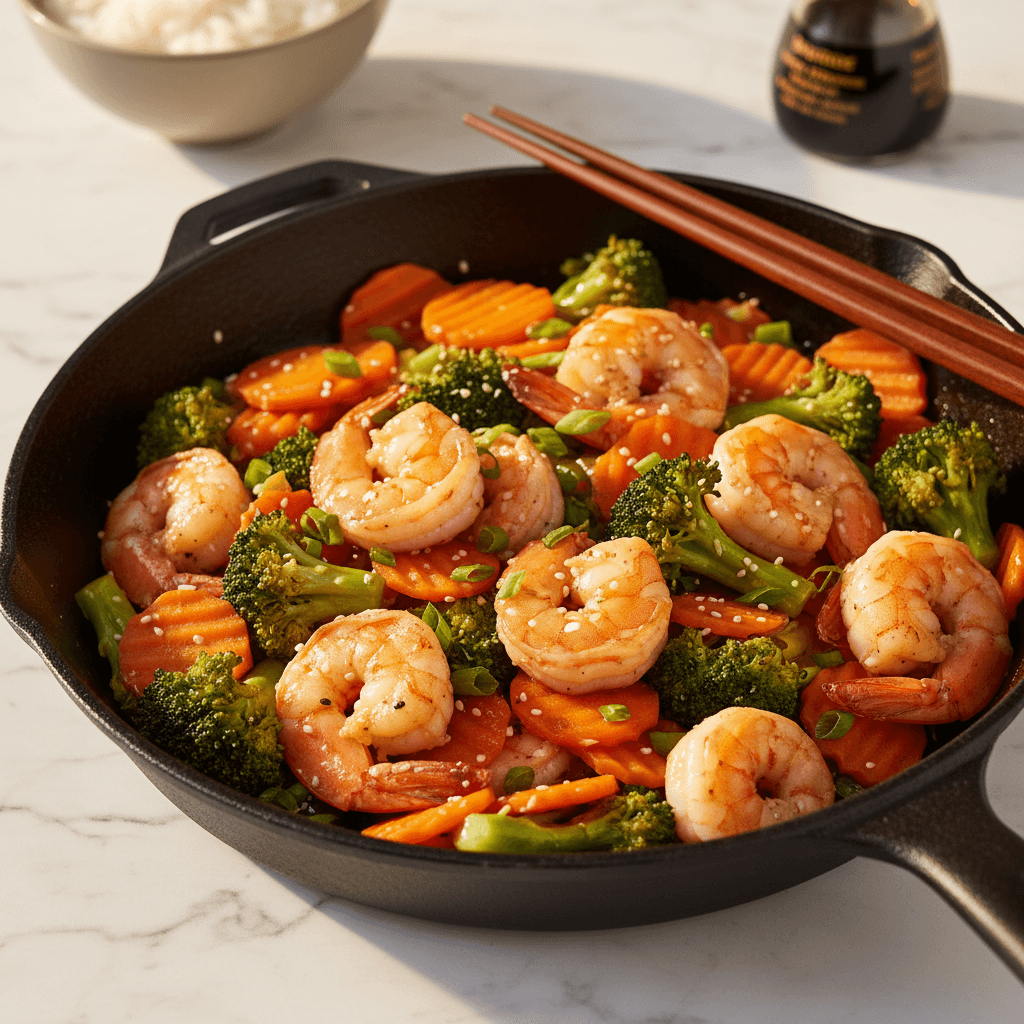 Poêlée Asiatique Brocoli, Carotte et Crevettes