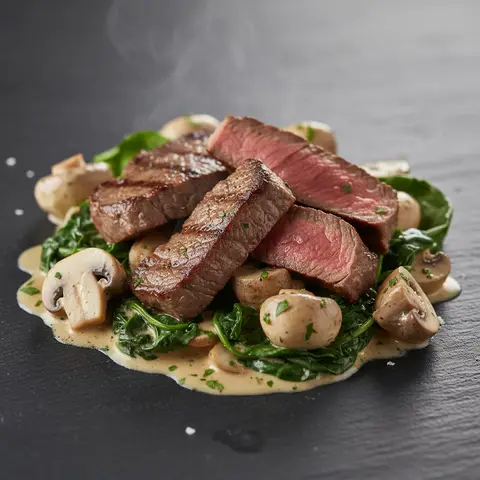 Poelee de filet de boeuf aux champignons et epinards