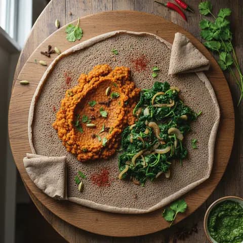 Injera aux Lentilles Rouges et Épinards