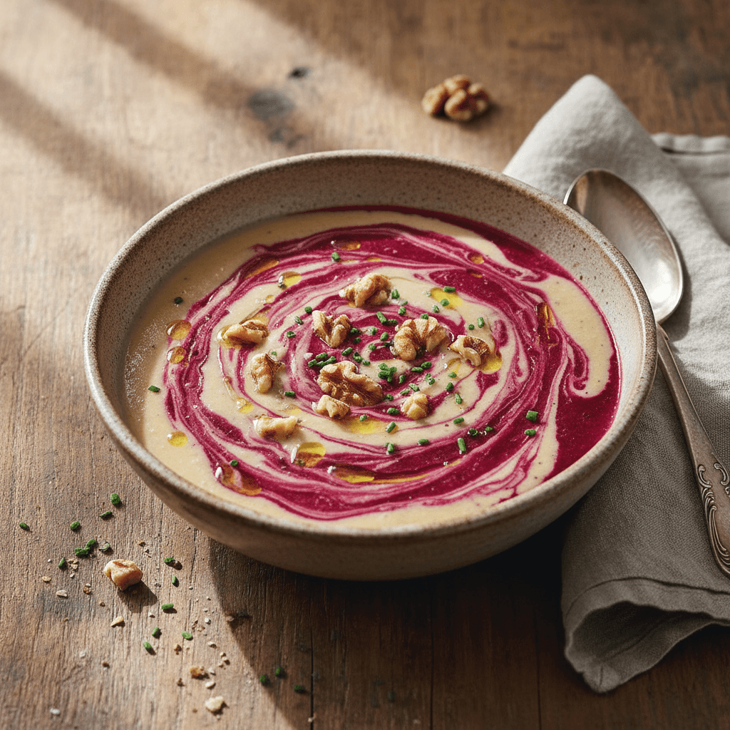 Creamy Cauliflower and Beet Soup with Walnuts
