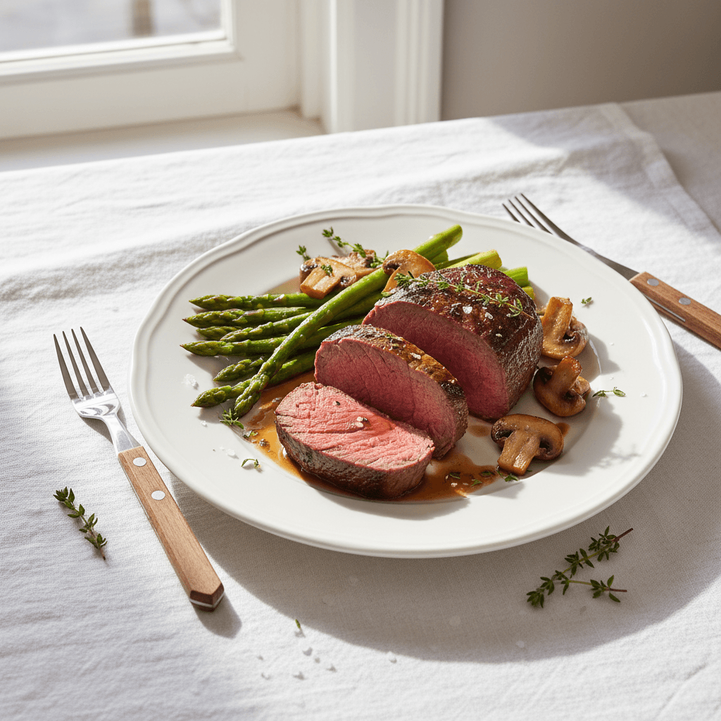 Filet de boeuf roti aux asperges et champignons