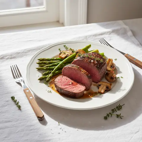 Filet de boeuf roti aux asperges et champignons