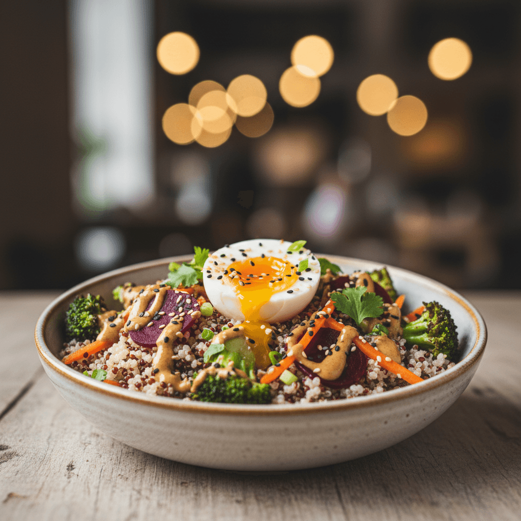 Bowl Asiatique Quinoa-Légumes avec Sauce Miso-Gingembre et Œuf Mollet