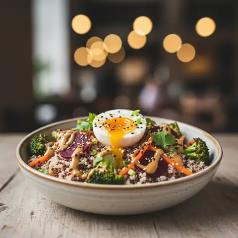 Bowl Asiatique Quinoa-Légumes avec Sauce Miso-Gingembre et Œuf Mollet
