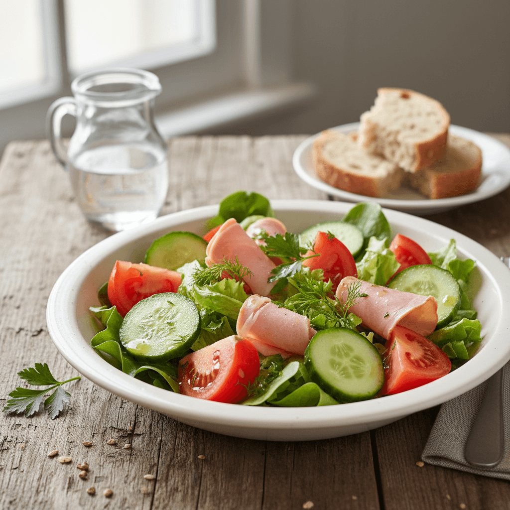 Gemischter Salat mit Tomaten, Gurke und Schinken