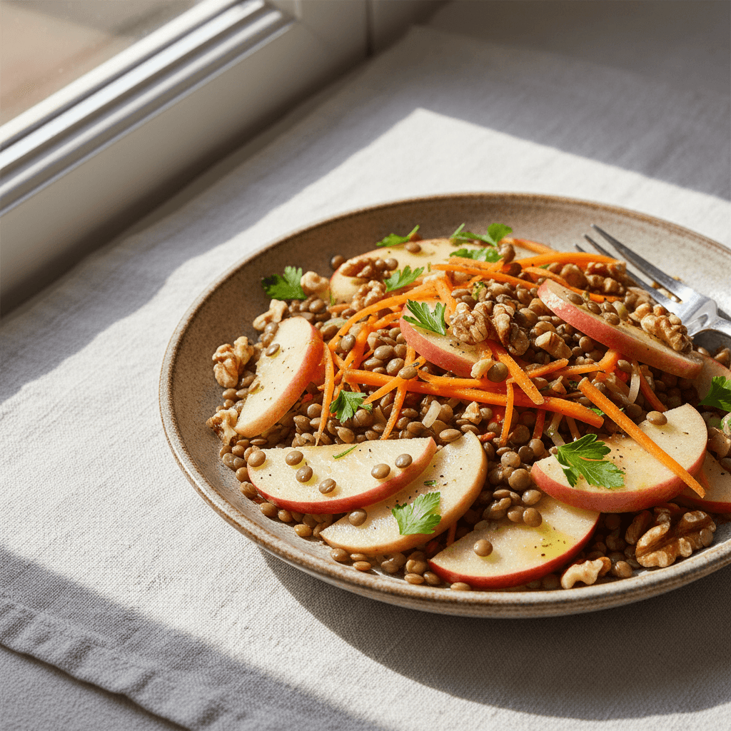 Salade tiède de pommes, lentilles et noix