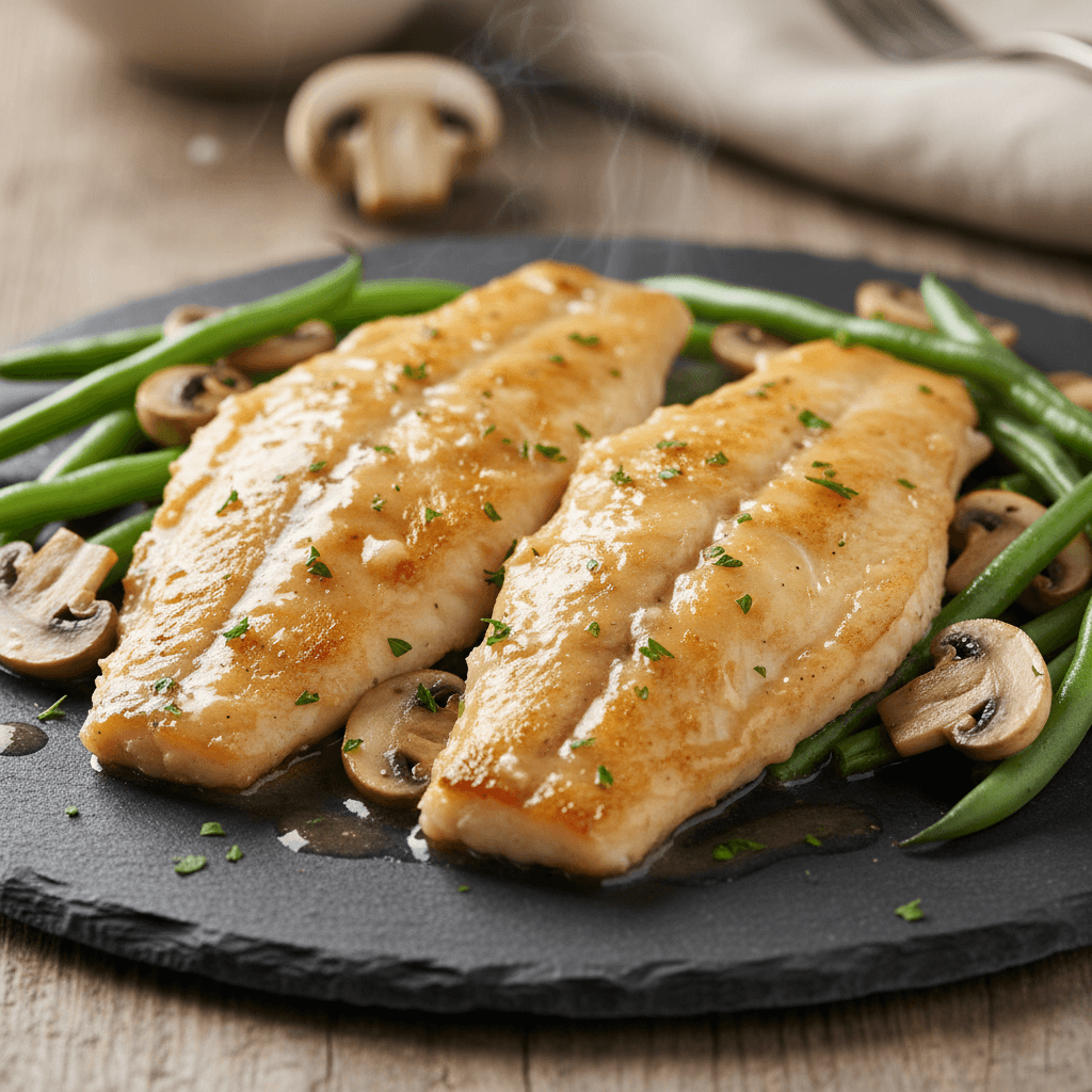 Sole meunière au four aux champignons et haricots verts