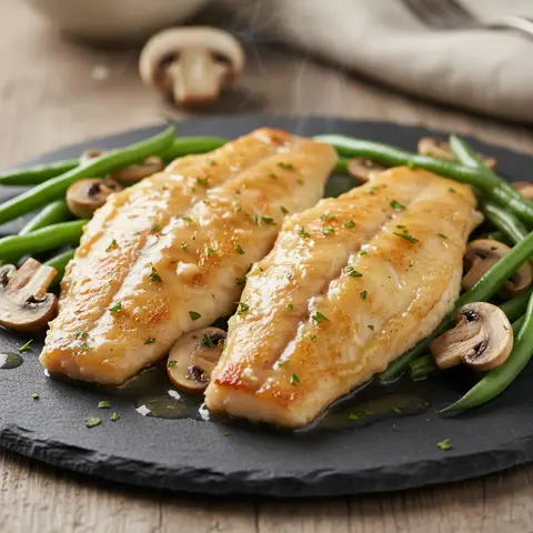 Sole meunière au four aux champignons et haricots verts