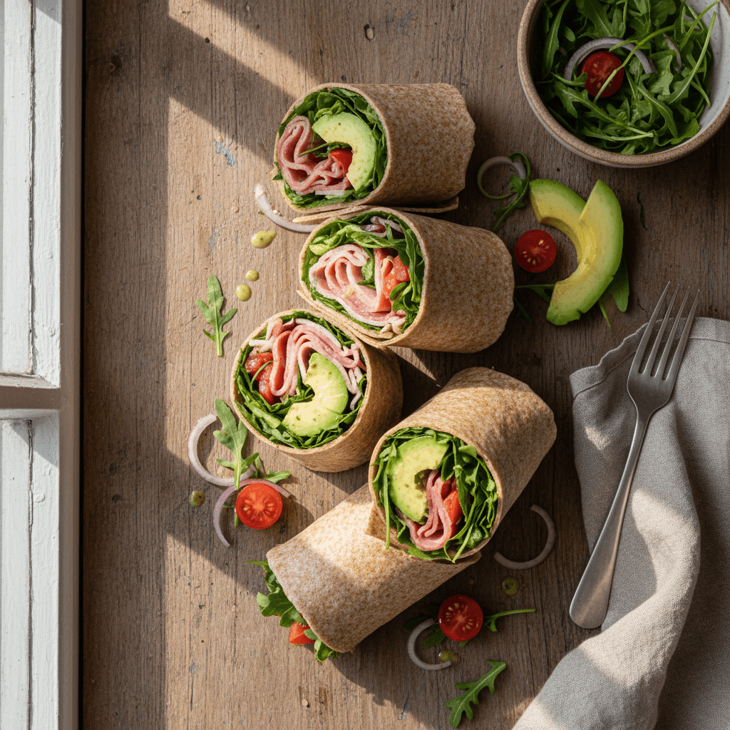 Ham and Avocado Wraps with Salad