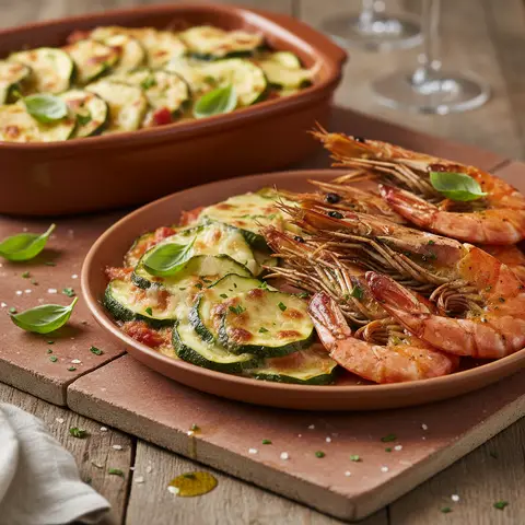 Gambas grillées à l'italienne et courgettes alla parmigiana