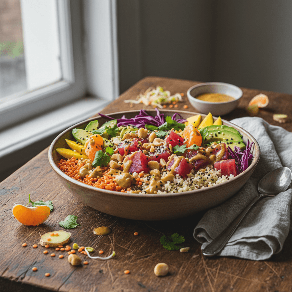 Tropical Poke Bowl with Red Lentils and Clementines
