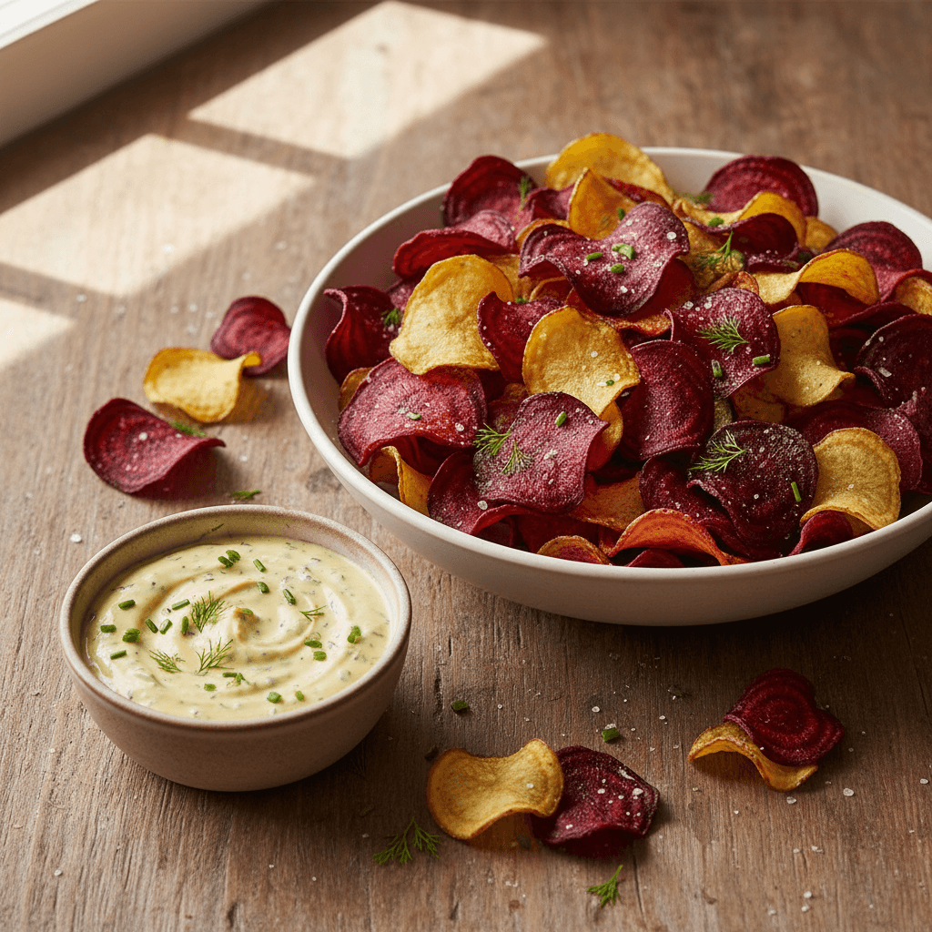 Beet and Potato Chips with Mustard and Herb Dipping Sauce