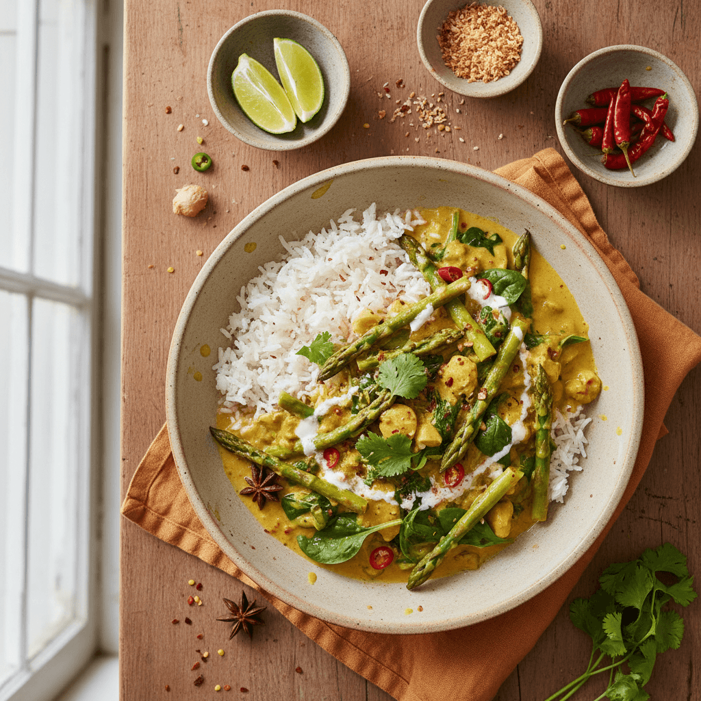 Curry asiatique asperges, épinards et riz