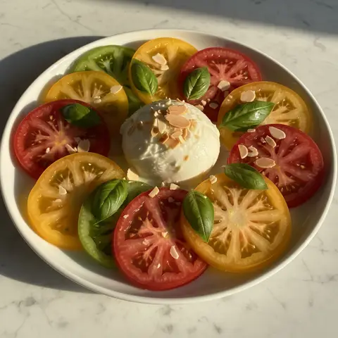 Carpaccio de tomates anciennes à la mozzarella di bufala