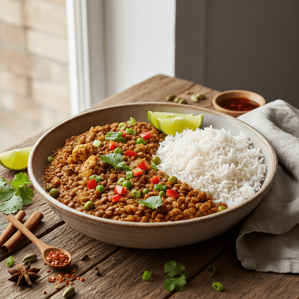 Curry de lentilles avec riz et légumes