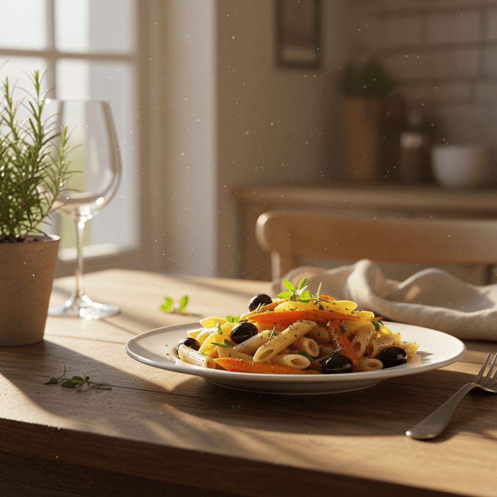 Penne aux Olives et Carottes Rôties