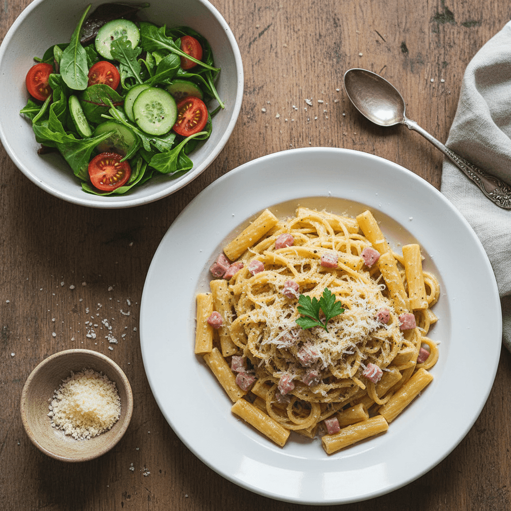 Pâtes à la Carbonara Simplifiée avec Salade Verte