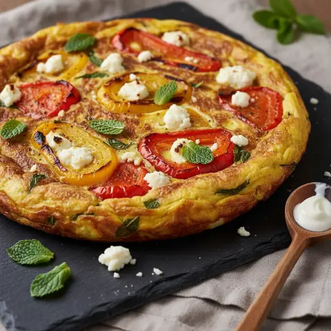 Frittata grillée aux poivrons, feta et menthe