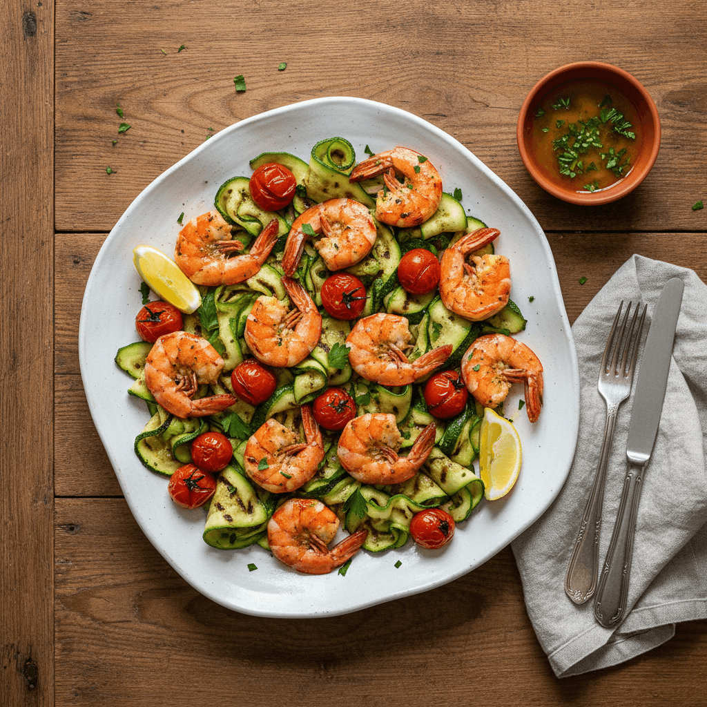 Crevettes grillées à la méditerranéenne et courgettes