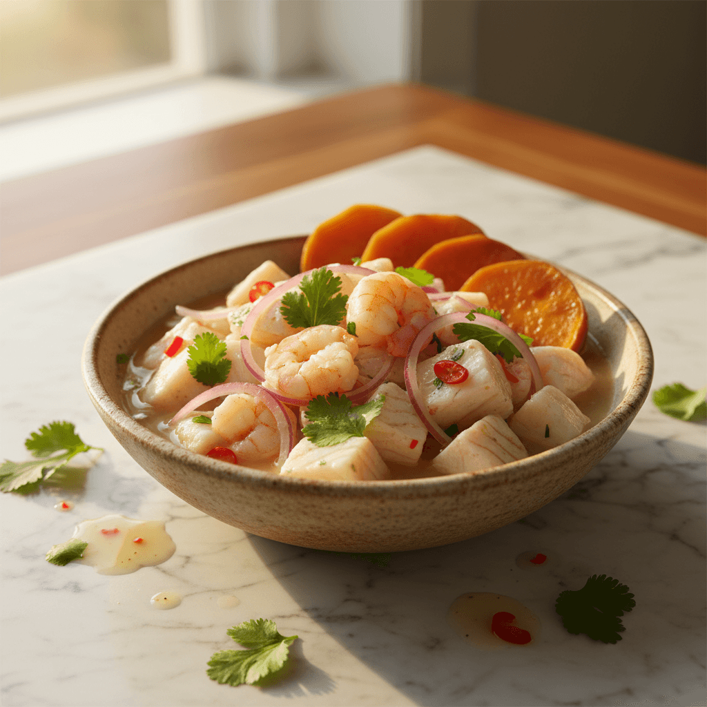 Bowl péruvien de ceviche de cabillaud aux crevettes