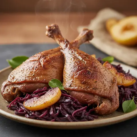 Cuisse de canard confite au four avec chou rouge et pommes