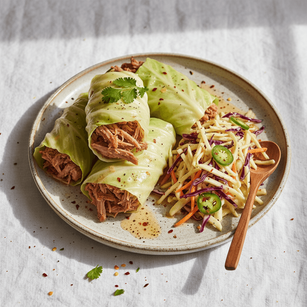 Wrap de chou au porc effiloché et coleslaw épicé