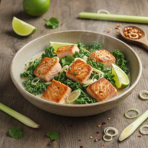 Sauté de saumon au lait de coco, chou kale et citronnelle