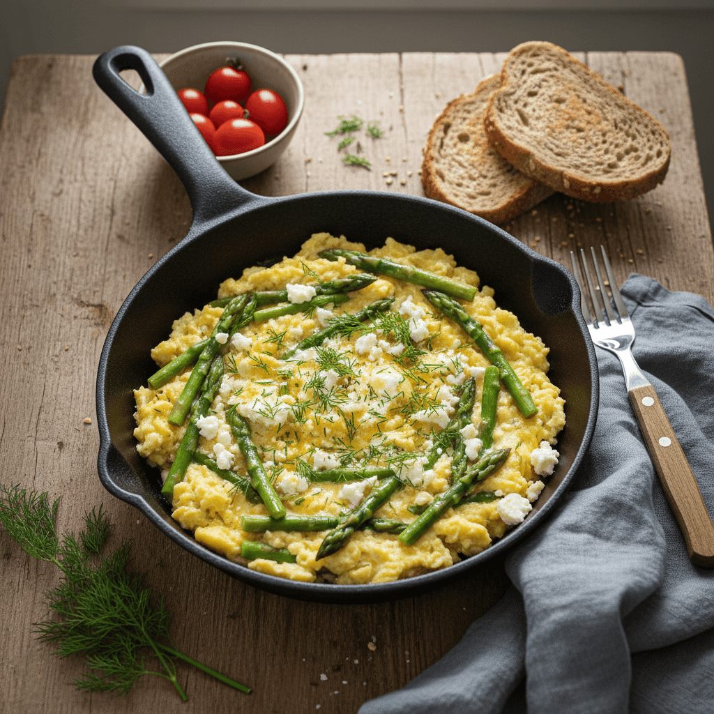 Poêlée d'œufs brouillés aux asperges et feta