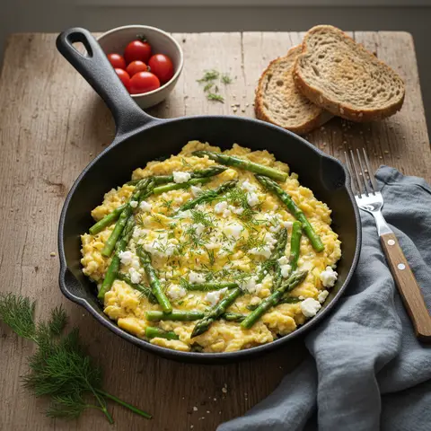 Poêlée d'œufs brouillés aux asperges et feta