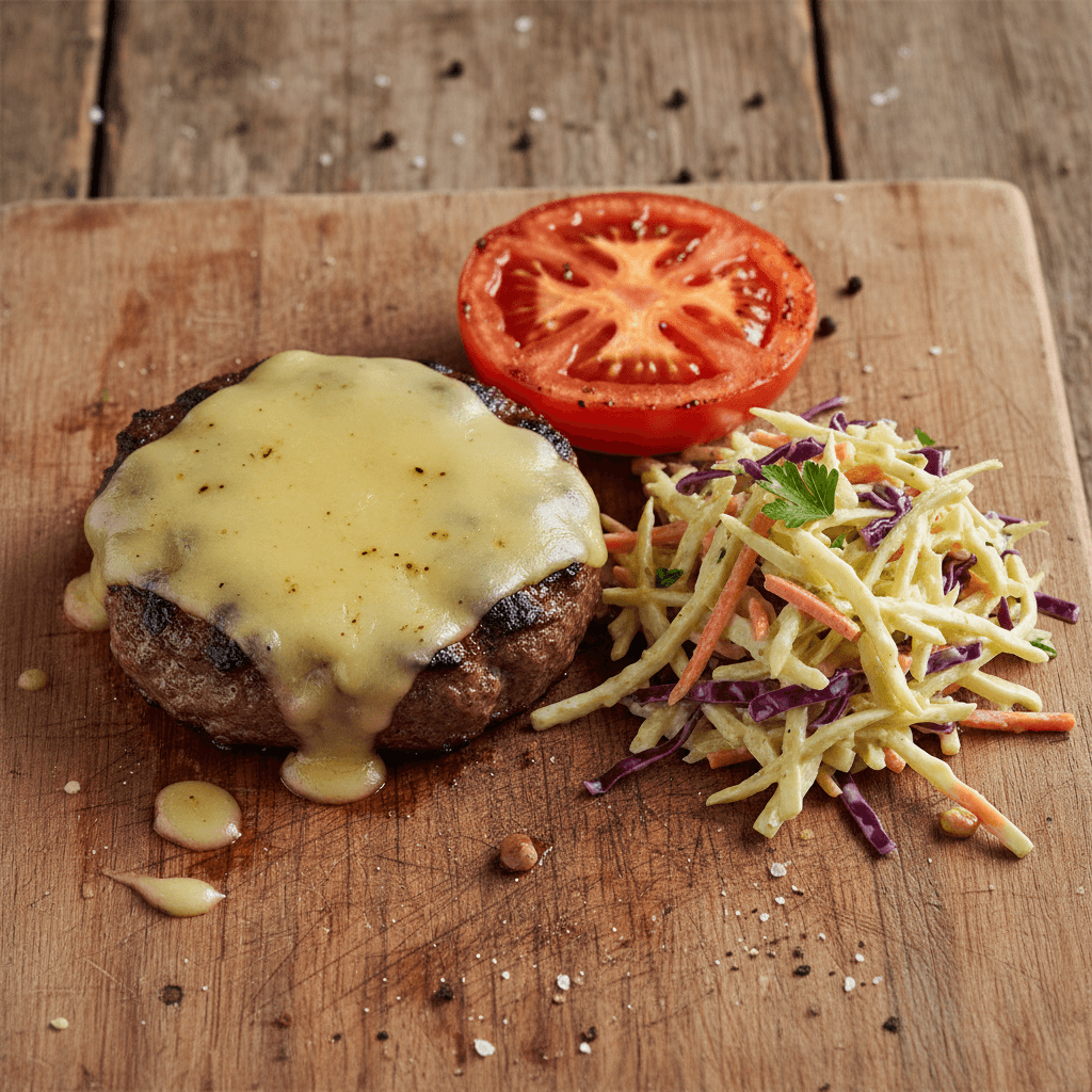 Burger déstructuré au bœuf, cheddar et coleslaw