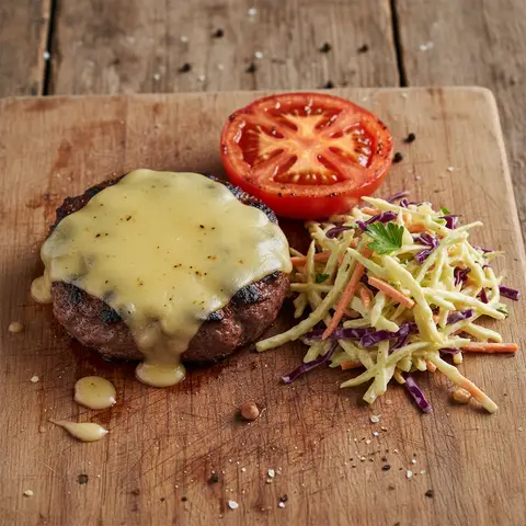 Burger déstructuré au bœuf, cheddar et coleslaw