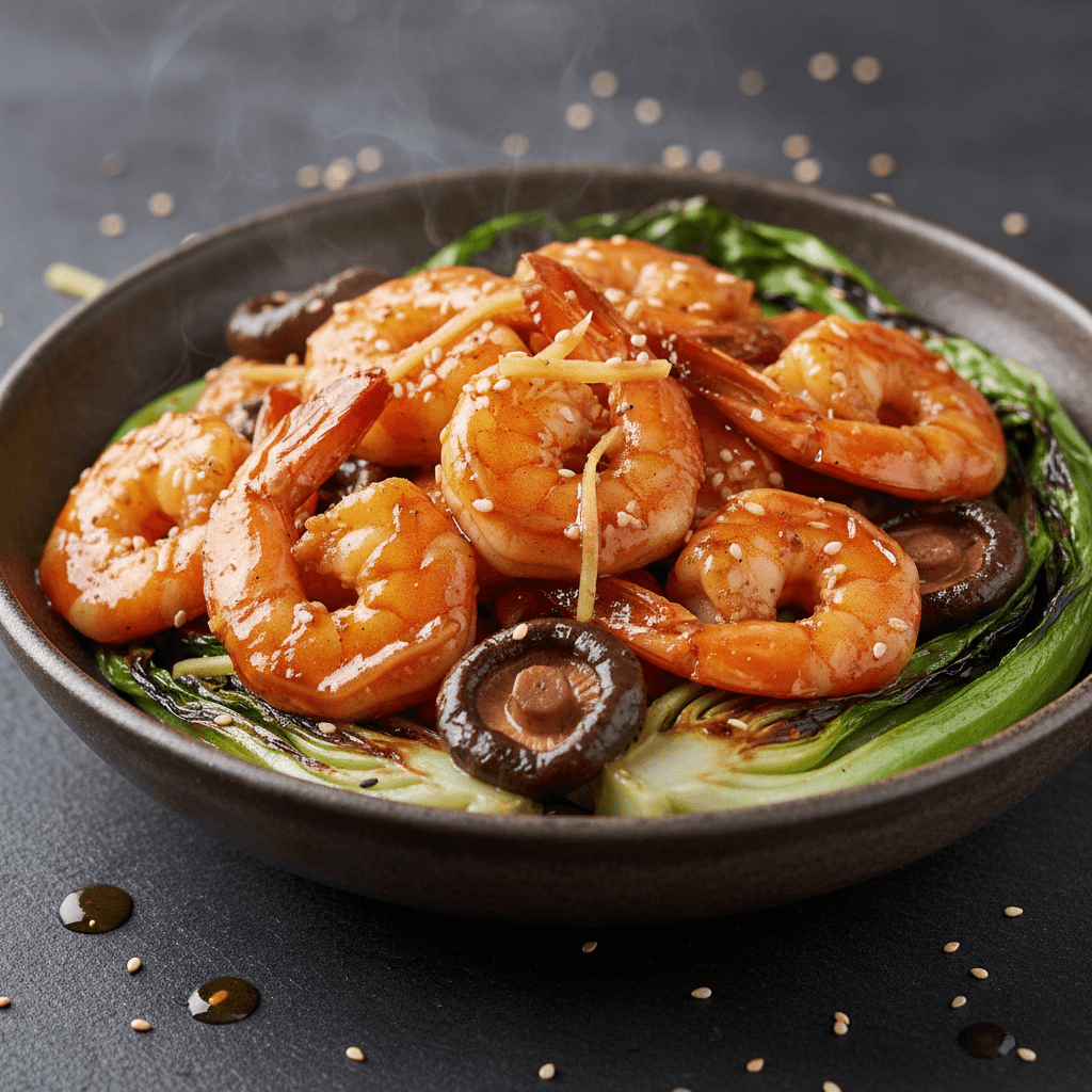 Bowl de gambas laquées au gingembre et chou pak choï