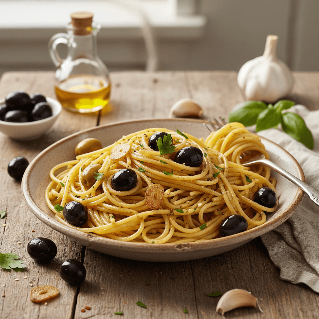 Spaghetti mit Oliven und Knoblauch