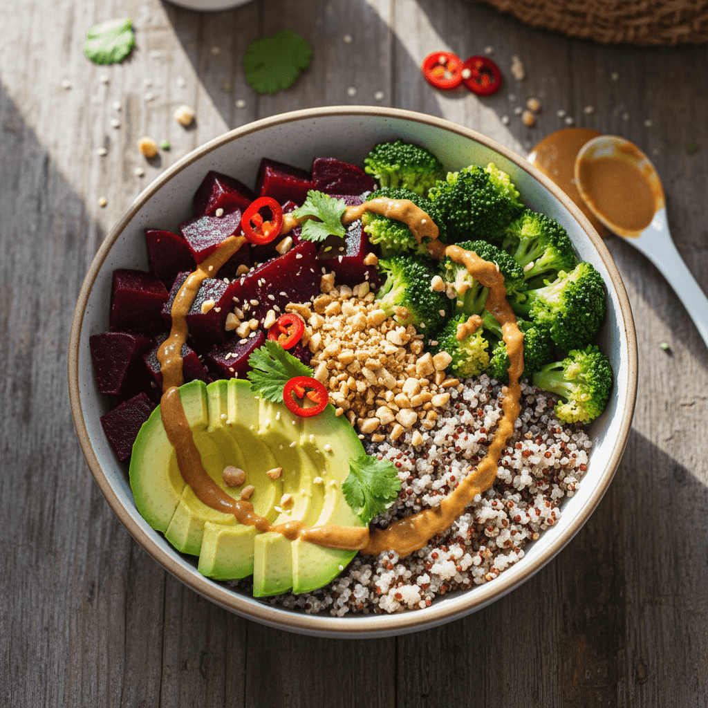 Asian Buddha Bowl: Quinoa, Roasted Beets, Avocado and Peanut-Ginger Sauce