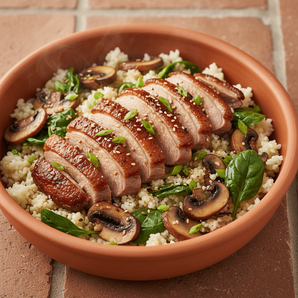Bowl de canard laque sur riz de chou-fleur