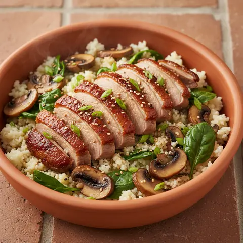 Bowl de canard laque sur riz de chou-fleur