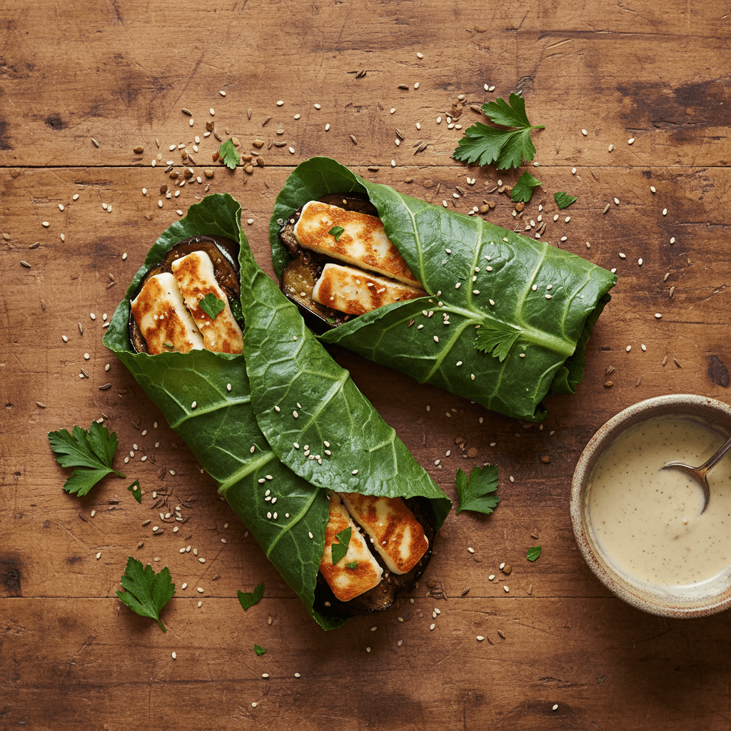Wrap de collard greens au halloumi et aubergine