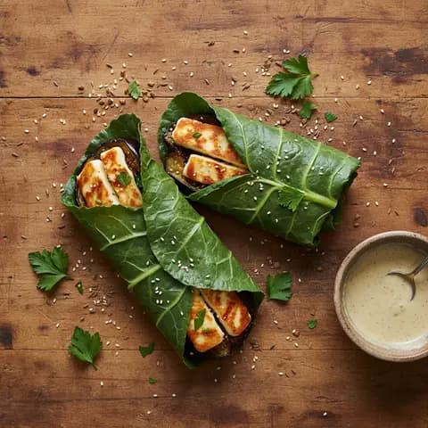 Wrap de collard greens au halloumi et aubergine