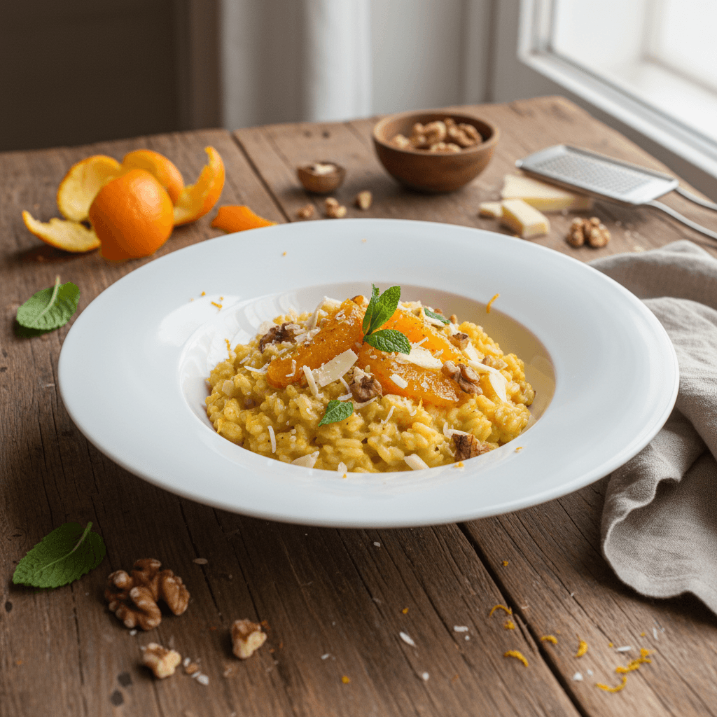 Risotto mit Orangen, Nüssen und weißer Schokolade