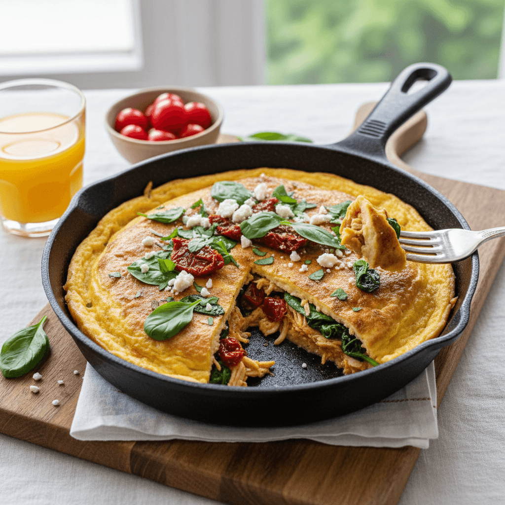 Omelette méditerranéenne au poulet, épinards et tomates séchées