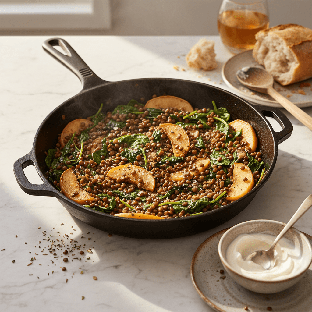 Épinards et Lentilles à la Poêle avec Pommes