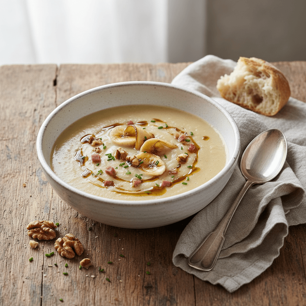 Cremige Suppe mit Nüssen, Banane und Schinken