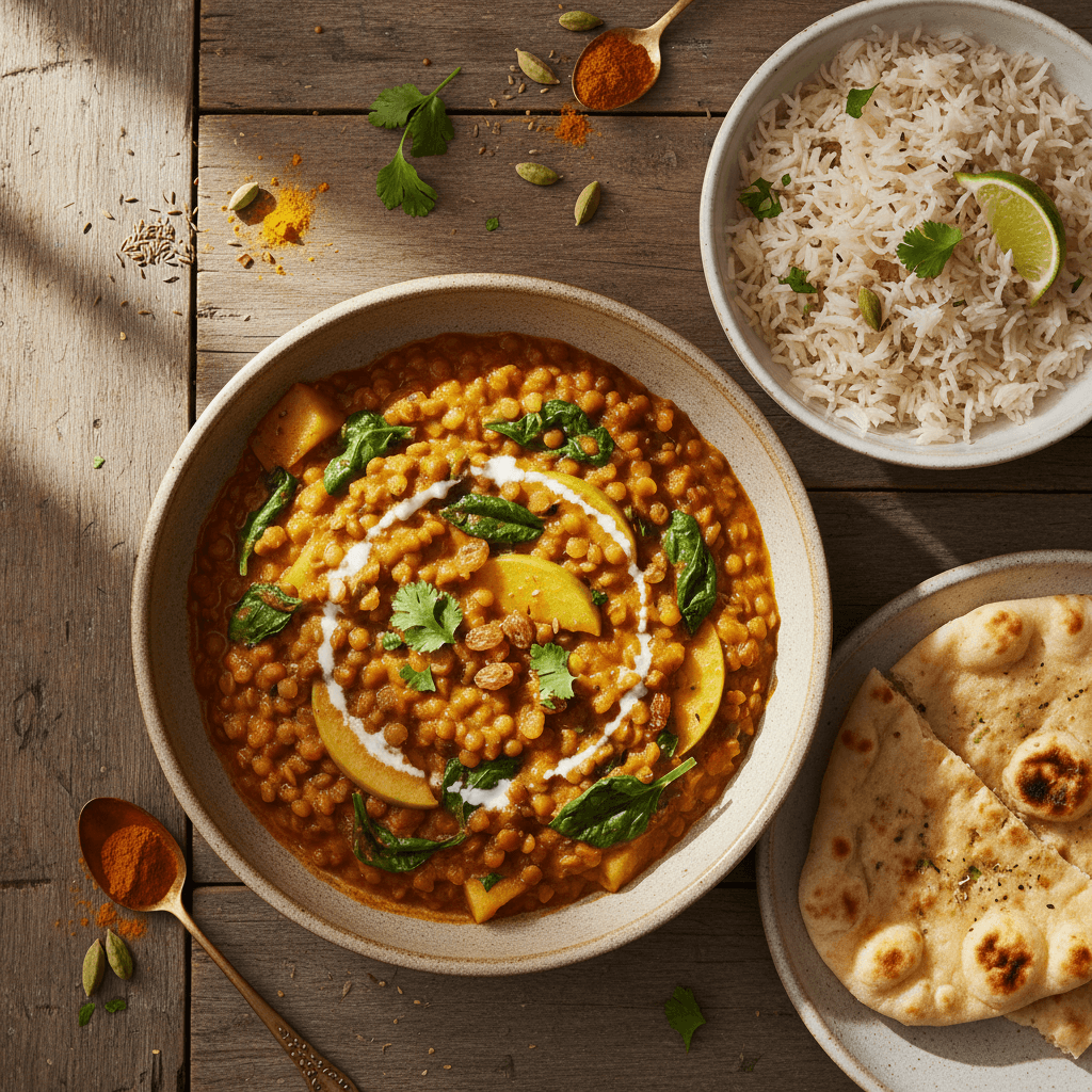 Curry de Lentilles aux Pommes et Épinards