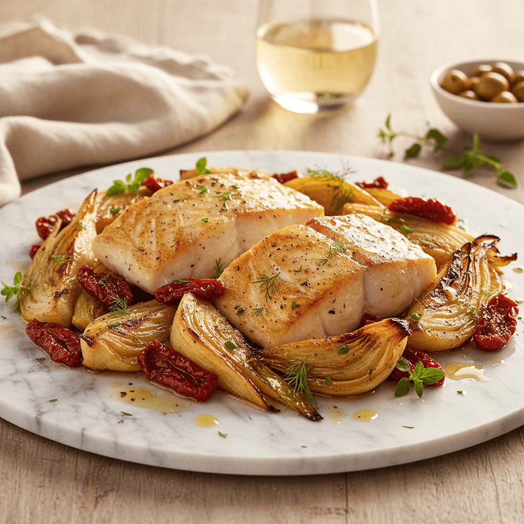 Flétan rôti aux fenouils et tomates confites