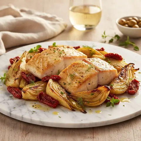 Flétan rôti aux fenouils et tomates confites