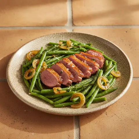 Poelee de magret de canard aux haricots verts et echalotes